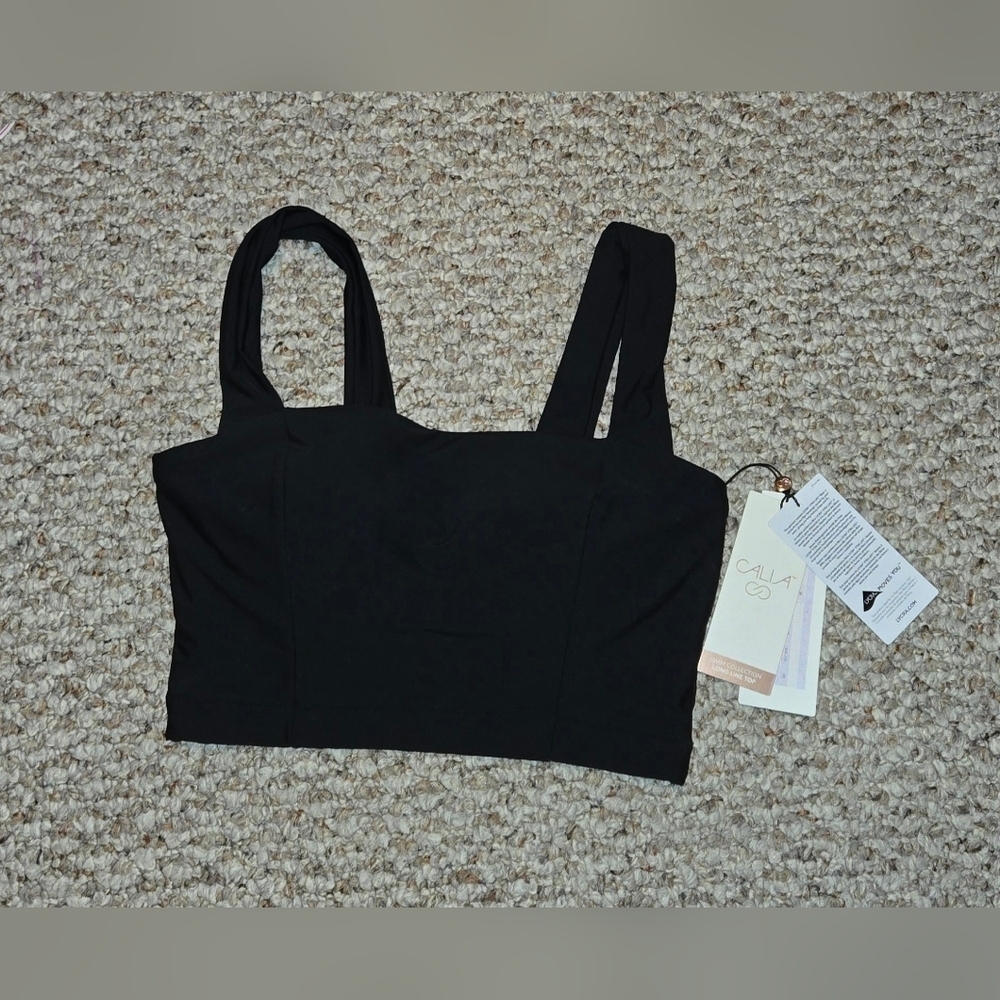 NWT CALIA Wide Shoulder Strap Long Line Swim Top Pure Black WSA23206 Women's - Picture 1 of 6